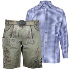 Herrentrachtenset Lederhose Fabian grau antik Hemd blaukariert MS-Trachten