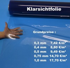 PVC Klarsichtfolie Zeltfensterfolie Glasklare Folie Stärke 0,3 mm bis 1,0 mm