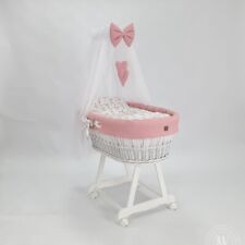 Stubenwagen Moseskorb Weiß Lena Matratze Baldachin und Bettwäsche Rosa-Häschen