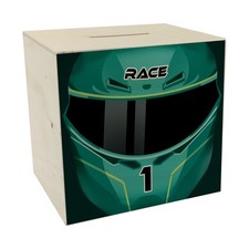 Motorsport-Helm Spardose aus Holz in Racing Green