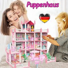 4 Etagen 11Zimmer Puppenhaus mit Möbeln und Zubehör inkl. kleine Puppe LED Licht