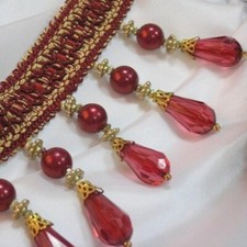 ab 1m Diamantlook Perlenfransen 7,5 cm breit  gold & rot Korallenband  Borte DE