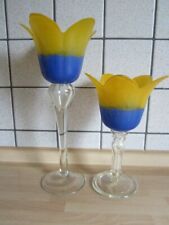 Zwei Teelichthalter aus Glas Blumen-Kelch bemalt gelb-blau der große 30cm hoch