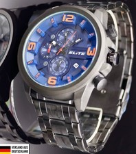 Elite Herren Edelstahl Armband Uhr Chronograph Datum Anthrazit Schwarz Blau NEU