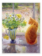 Poster Katze mit Blumen im Fenster - Timothy Easton
