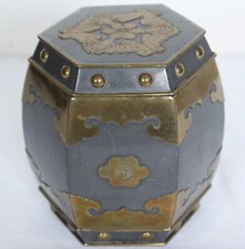 DEKORATIVE ALTE ZINNDOSE MIT MESSINGVERZIERUNGEN AUS HONG KONG #11874