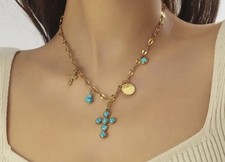 EDELSTAHL VERGOLDET MIT TÜRKISEN KREUZ, MÜNZE TÜRKISKREUZ TÜRKISPERLEN GOLDMÜNZE