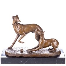 Antike Skulptur Jagdhunde aus Bronze auf schwarzem Marmor signiert