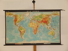 Erde Weltkarte Kontinente Staatsgrenzen Städte 1981 Schul-Wandkarte 139x85cm