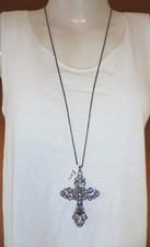 Halskette Kordelkette hämatit Kreuz Anhänger schwarz rauchquarz Strass Kirche