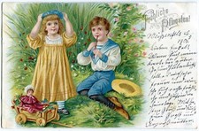 AK FRÖHLICHE PFINGSTEN Mädel/Junge, Flöte, Puppenwagen um 1900