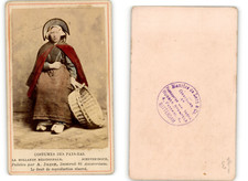 Jägerin, Frau im Korb, Kostüm aus den Niederlanden, Aquarell Albendruck  