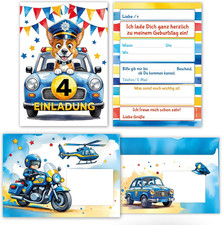 8 Einladungskarten + Umschläge 4. Kindergeburtstag Jungen Polizei Hund
