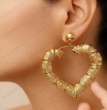 CLIP ON 7cm JUMBO BAMBUS CREOLEN 3" große HERZ CREOLEN Metall GOLDFARBEN groß
