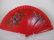 Hand Fächer Holz Stoff groß Rot Blumenmuster Stabil Sommer 22,5 cm