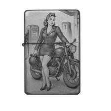 Vintage Retro Girl Feuerzeug Motorrad + eigener Gravurtext personalisierbar