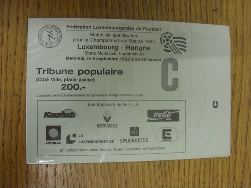 1992 ticket luxemburg - 09.09.1992, ticket: