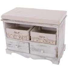 Kommode Sitzbank mit 2 Körben 42x62x33cm, Shabby-Look, Vintage Weiß