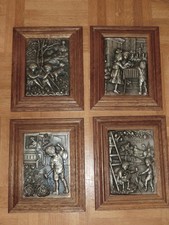 4er Set Relief Wand Zinnbilder im Eiche Holzrahmen verschiedene Motive, 3D Optik