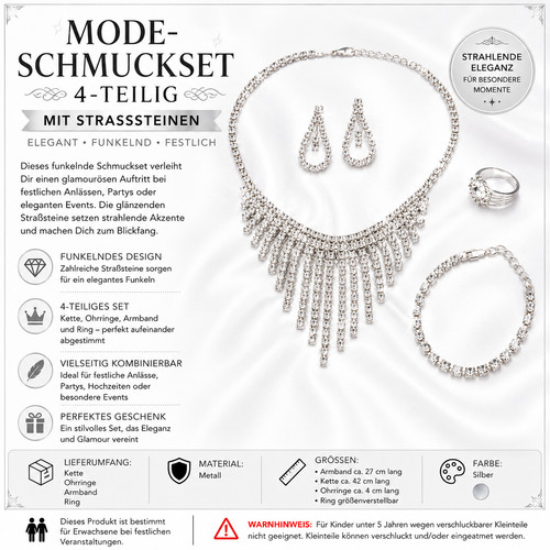 Strass schmuckset teilig - strass, 4-teilig