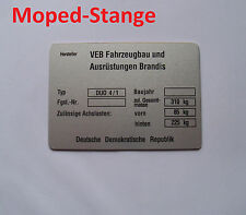 Typenschild Aluminium Plakette passend für DUO 4/1 IFA DDR Simson Replika 