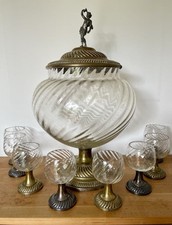 Bowlegefäß Jugendstil Glas Messingdeckel Figur Bronze,Versilbert mit 8 Gläsern