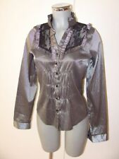 Schwarz Silber gestreifte Satin Glanz Bluse mit tollen Rüschen und Stick Einsatz