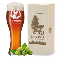 Weißbierglas 0,5 Liter und Holzkiste mit Gravur - Geschenk zum Vatertag