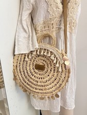 Strohtasche Hochwertig Rund Gross Ibiza Mykonos Bommel Beach Basttasche