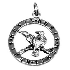 925 Silber Wikinger Amulett Runenkreis Odins Raben Hugin u. Munin M2 + Lederband