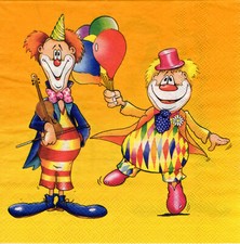3 Servietten ~ Kindergeburtstag, zwei lustige Clowns, Geige, Luftballons ~ 33x33