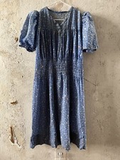 True Vintage Kleid 30er 40er Jahre Sammlerstück Antik Blau Rayon Gemustert