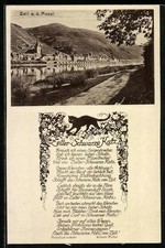 AK Zell a. d. Mosel, Gedicht Zeller Schwarze Katz, Flusspartie im Ort 