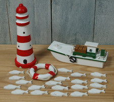 Deko Set Leuchtturm, Boot, Rettungsring, Fische maritime Dekoration Grün