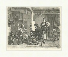 Der Maler auf der Studienreise Holzstich Spinnrad Frauen Kachelofen Mann E 0988