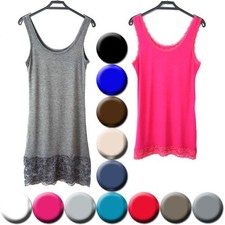 SEXY DAMEN BASIC LONGSHIRT SPITZE UNI SHIRT TANK TOP UNTER KLEID VIELE FARBEN 