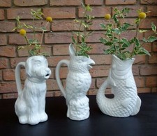 Kanne Krug Karaffe Hund Papagei Fisch Vase weiß Keramik Vintage