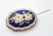 Antike Brosche, Porzellan, Kobaltblau, Gold, Blumen, handbemalt, um 1920 Z293
