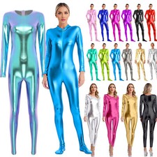 DE Damen Metallic Unitard Tanzkleidung Catsuit Bodysuit Halloween Kostüm Overall