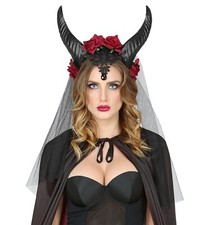 Haarreif Hörner mit schwarzem Schleier und roten Rosen Karneval Halloween