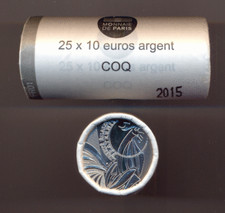 Frankreich   2015   10 Euro  Hahn / Coq   Silber   komplette Rolle mit 25 Münzen