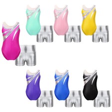 Mädchen Turnanzug Metallic Strass Ballett Gymnastik Trikot mit Shorts Tanzkostüm