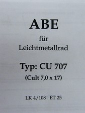 Original ABE für Alufelge Alutec Cult CU707 KBA 46829 TÜV Gutachten