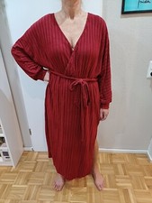 Damen Kleid lang rot Gr. 4XL 50 52 Bindegürtel langarm stretch V-Ausschnitt