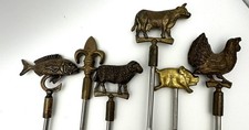 Vintage Messing-Grillspieße Set mit Tierfiguren – 6-teilig, Handgefertigt, Samml