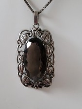 Art-Deco Silber großer Anhänger ovaler Rauchquarz Blätter Blüten  + Silber Kette