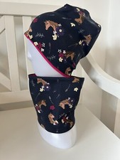 Beanie Set Mütze Loop Kinder Pferd Pony Dunkelblau Pink handmade NEU Pferde