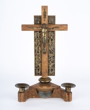 Alter Hausaltar Holz Kruzifix Messing Kreuzweg Kerzenhalter Weihwasserbecken