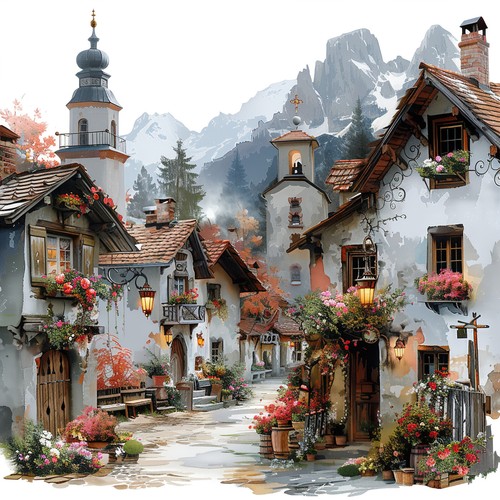 Wandbild dorf berge - wandbild,