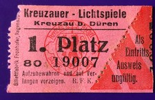 Eintrittskarte Ticket Billett vor 1945 Kino Kreuzauer LIchtspiele Kreuzau Düren